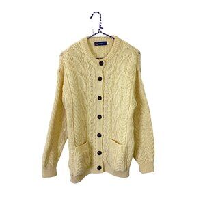 British Wool Naturally Cream Beige Chunky Fisherman Cable Knit Cardigan Sweater